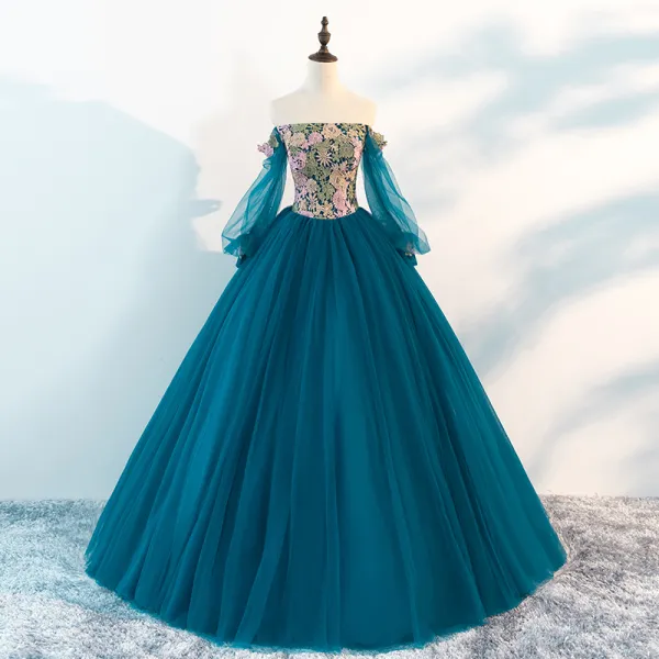 Chic / Beautiful Ink Blue Prom Dresses 2018 A-Line / Princess Off-The-Shoulder Long Sleeve Appliques Lace Floor-Length / Long Ruffle Backless Formal Dresses