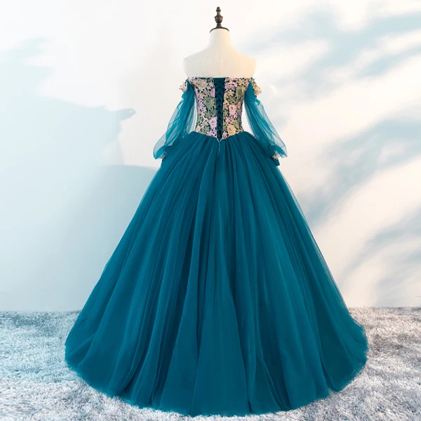 Chic / Beautiful Ink Blue Prom Dresses 2018 A-Line / Princess Off-The-Shoulder Long Sleeve Appliques Lace Floor-Length / Long Ruffle Backless Formal Dresses