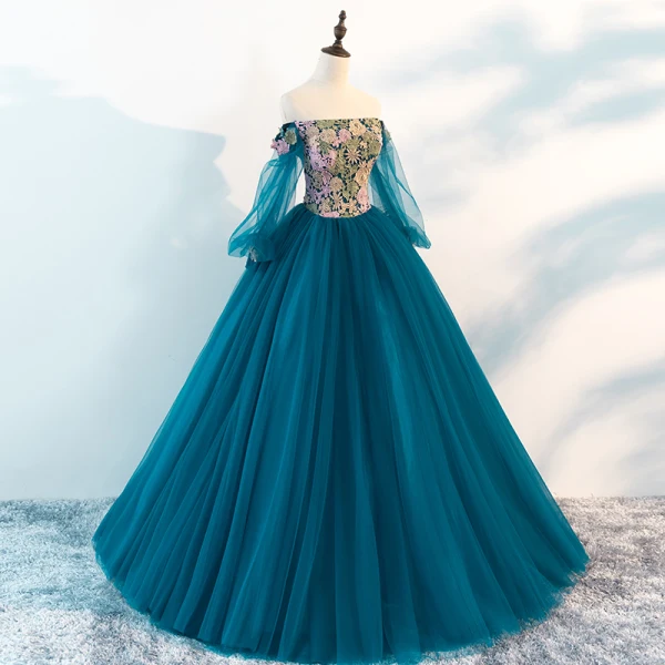 Chic / Beautiful Ink Blue Prom Dresses 2018 A-Line / Princess Off-The-Shoulder Long Sleeve Appliques Lace Floor-Length / Long Ruffle Backless Formal Dresses