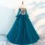 Chic / Beautiful Ink Blue Prom Dresses 2018 A-Line / Princess Off-The-Shoulder Long Sleeve Appliques Lace Floor-Length / Long Ruffle Backless Formal Dresses