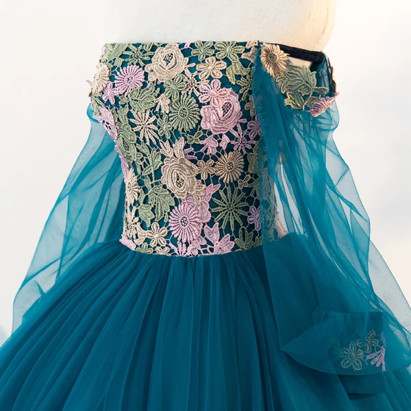 Chic / Beautiful Ink Blue Prom Dresses 2018 A-Line / Princess Off-The-Shoulder Long Sleeve Appliques Lace Floor-Length / Long Ruffle Backless Formal Dresses