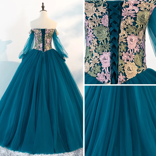 Chic / Beautiful Ink Blue Prom Dresses 2018 A-Line / Princess Off-The-Shoulder Long Sleeve Appliques Lace Floor-Length / Long Ruffle Backless Formal Dresses
