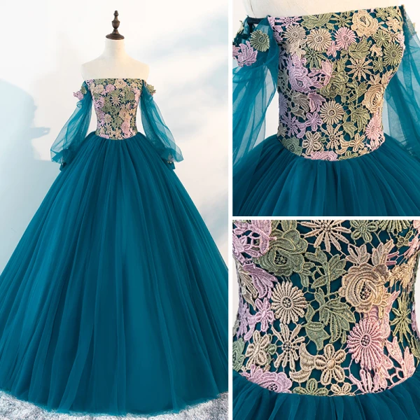 Chic / Beautiful Ink Blue Prom Dresses 2018 A-Line / Princess Off-The-Shoulder Long Sleeve Appliques Lace Floor-Length / Long Ruffle Backless Formal Dresses
