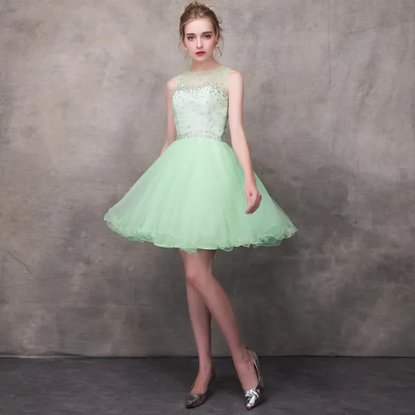 Modern / Fashion Green See-through Cocktail Dresses 2018 A-Line / Princess Square Neckline Sleeveless Beading Short Ruffle Backless Formal Dresses