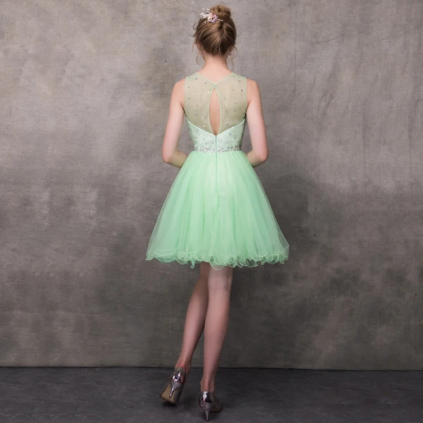 Moderne / Mode Vert Transparentes Robe De Cocktail 2018 Princesse Encolure Carrée Sans Manches Perlage Courte Volants Dos Nu Robe De Ceremonie