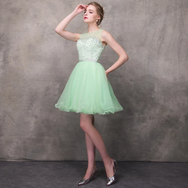Moderne / Mode Vert Transparentes Robe De Cocktail 2018 Princesse Encolure Carrée Sans Manches Perlage Courte Volants Dos Nu Robe De Ceremonie
