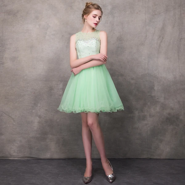 Moderne / Mode Vert Transparentes Robe De Cocktail 2018 Princesse Encolure Carrée Sans Manches Perlage Courte Volants Dos Nu Robe De Ceremonie