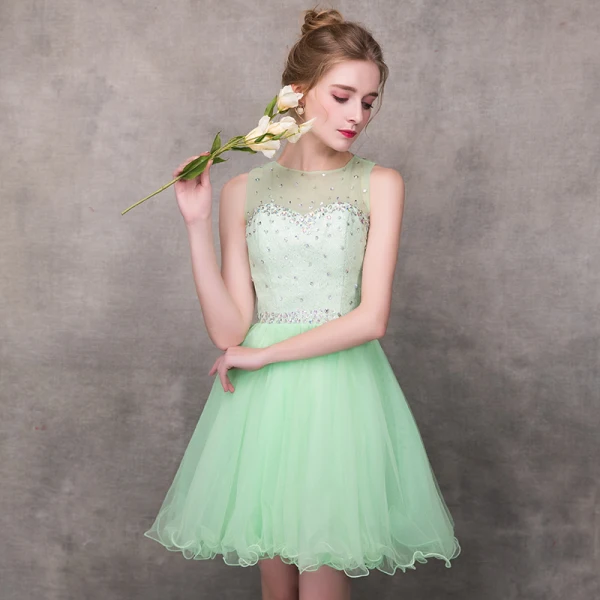 Moderne / Mode Vert Transparentes Robe De Cocktail 2018 Princesse Encolure Carrée Sans Manches Perlage Courte Volants Dos Nu Robe De Ceremonie