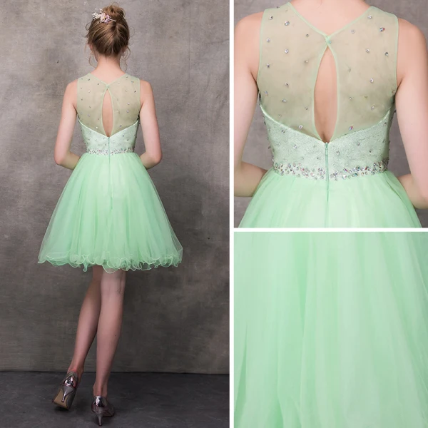 Moderne / Mode Vert Transparentes Robe De Cocktail 2018 Princesse Encolure Carrée Sans Manches Perlage Courte Volants Dos Nu Robe De Ceremonie