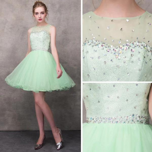 Moderne / Mode Vert Transparentes Robe De Cocktail 2018 Princesse Encolure Carrée Sans Manches Perlage Courte Volants Dos Nu Robe De Ceremonie