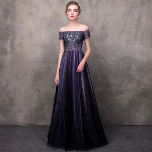 Élégant Grape Robe De Soirée 2018 Princesse De L Épaule Manches Courtes Appliques En Dentelle Perlage Longue Volants Dos Nu Robe De Ceremonie