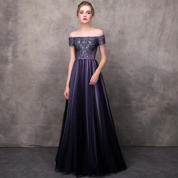 Elegant Grape Evening Dresses 2018 A-Line / Princess Off-The-Shoulder Short Sleeve Appliques Lace Beading Floor-Length / Long Ruffle Backless Formal Dresses