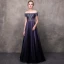 Elegant Grape Evening Dresses  2018 A-Line / Princess Off-The-Shoulder Short Sleeve Appliques Lace Beading Floor-Length / Long Ruffle Backless Formal Dresses