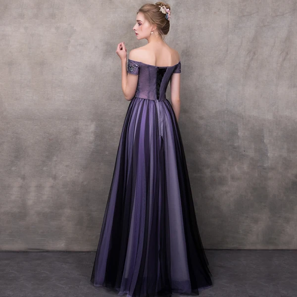 Elegant Grape Evening Dresses 2018 A-Line / Princess Off-The-Shoulder Short Sleeve Appliques Lace Beading Floor-Length / Long Ruffle Backless Formal Dresses