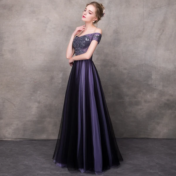 Elegant Grape Evening Dresses 2018 A-Line / Princess Off-The-Shoulder Short Sleeve Appliques Lace Beading Floor-Length / Long Ruffle Backless Formal Dresses