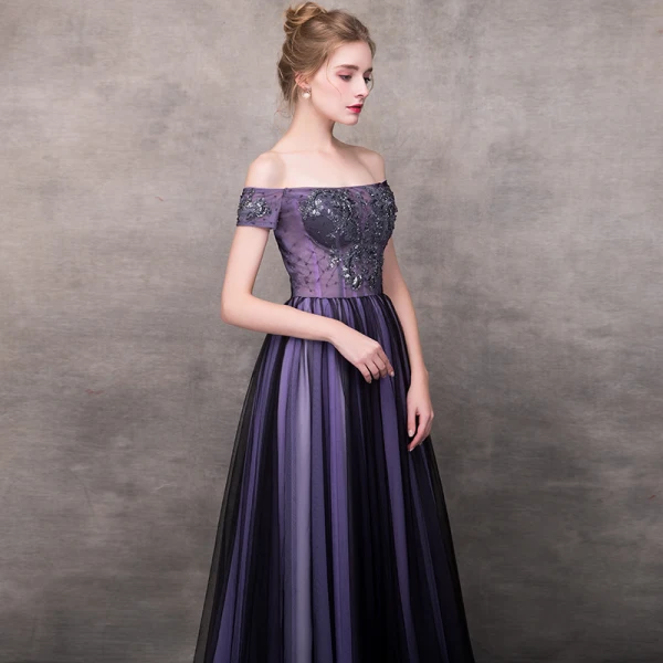 Elegant Grape Evening Dresses 2018 A-Line / Princess Off-The-Shoulder Short Sleeve Appliques Lace Beading Floor-Length / Long Ruffle Backless Formal Dresses