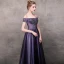 Elegant Grape Evening Dresses  2018 A-Line / Princess Off-The-Shoulder Short Sleeve Appliques Lace Beading Floor-Length / Long Ruffle Backless Formal Dresses