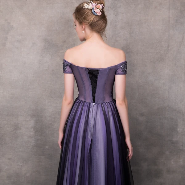Elegant Grape Evening Dresses 2018 A-Line / Princess Off-The-Shoulder Short Sleeve Appliques Lace Beading Floor-Length / Long Ruffle Backless Formal Dresses
