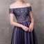 Elegant Grape Evening Dresses  2018 A-Line / Princess Off-The-Shoulder Short Sleeve Appliques Lace Beading Floor-Length / Long Ruffle Backless Formal Dresses