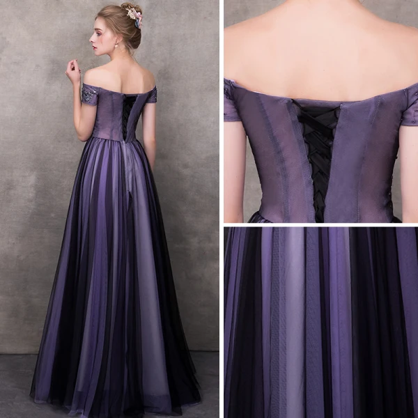 Elegant Grape Evening Dresses 2018 A-Line / Princess Off-The-Shoulder Short Sleeve Appliques Lace Beading Floor-Length / Long Ruffle Backless Formal Dresses