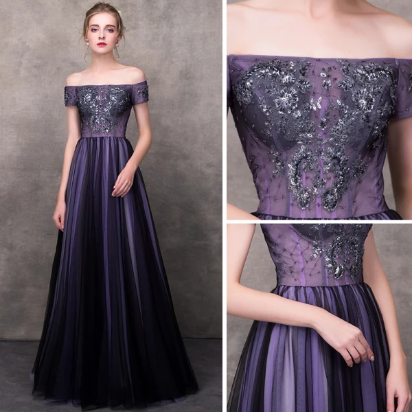 Elegant Grape Evening Dresses 2018 A-Line / Princess Off-The-Shoulder Short Sleeve Appliques Lace Beading Floor-Length / Long Ruffle Backless Formal Dresses