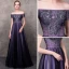 Elegant Grape Evening Dresses  2018 A-Line / Princess Off-The-Shoulder Short Sleeve Appliques Lace Beading Floor-Length / Long Ruffle Backless Formal Dresses