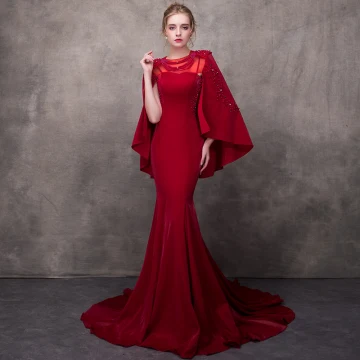 Luxury Gorgeous Burgundy See Through Evening Dresses With Shawl 2018 Trumpet Mermaid Square Neckline Rhinestone Pearl Beading Chapel Train Ruffle Formal Dresses
