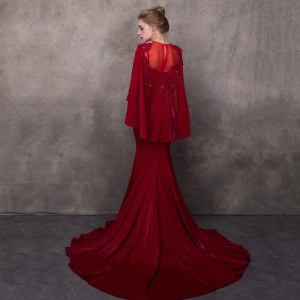 Luxury / Gorgeous Burgundy See-through Evening Dresses With Shawl 2018 Trumpet / Mermaid Square Neckline Rhinestone Pearl Beading Chapel Train Ruffle Formal Dresses