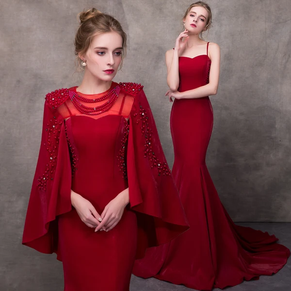Luxury / Gorgeous Burgundy See-through Evening Dresses With Shawl 2018 Trumpet / Mermaid Square Neckline Rhinestone Pearl Beading Chapel Train Ruffle Formal Dresses
