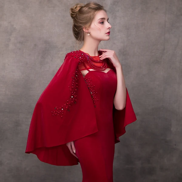 Luxury / Gorgeous Burgundy See-through Evening Dresses With Shawl 2018 Trumpet / Mermaid Square Neckline Rhinestone Pearl Beading Chapel Train Ruffle Formal Dresses