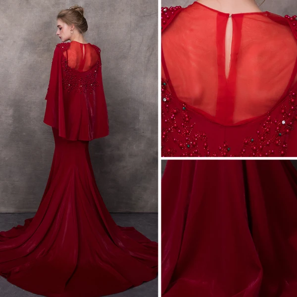 Luxury / Gorgeous Burgundy See-through Evening Dresses With Shawl 2018 Trumpet / Mermaid Square Neckline Rhinestone Pearl Beading Chapel Train Ruffle Formal Dresses