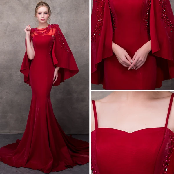 Luxury / Gorgeous Burgundy See-through Evening Dresses With Shawl 2018 Trumpet / Mermaid Square Neckline Rhinestone Pearl Beading Chapel Train Ruffle Formal Dresses