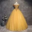 Vintage / Retro Gold Prom Dresses 2018 Ball Gown Off-The-Shoulder Short Sleeve Beading Crystal Rhinestone Floor-Length / Long Ruffle Backless Formal Dresses