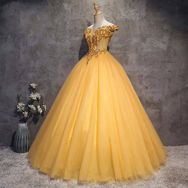 Vintage Retro Gold Prom Dresses 2018 Ball Gown Off-The-Shoulder Short Sleeve Beading