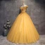 Vintage / Retro Gold Prom Dresses 2018 Ball Gown Off-The-Shoulder Short Sleeve Beading Crystal Rhinestone Floor-Length / Long Ruffle Backless Formal Dresses