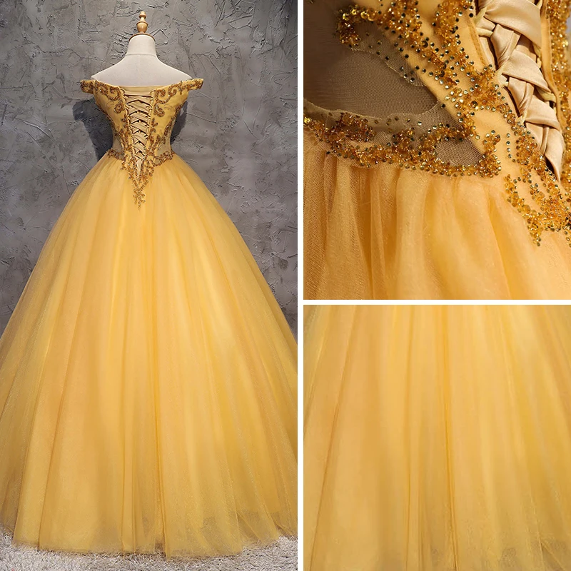 Vintage Retro Gold Prom Dresses 2018 Ball Gown Off-The-Shoulder Short Sleeve Beading