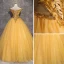 Vintage / Retro Gold Prom Dresses 2018 Ball Gown Off-The-Shoulder Short Sleeve Beading Crystal Rhinestone Floor-Length / Long Ruffle Backless Formal Dresses
