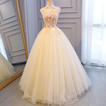 Illusion Champagne Transparentes Robe De Bal 2018 Robe Boule Col Haut Sans Manches Appliques Fleur Perle Perlage Longue Volants Dos Nu Robe De Ceremonie