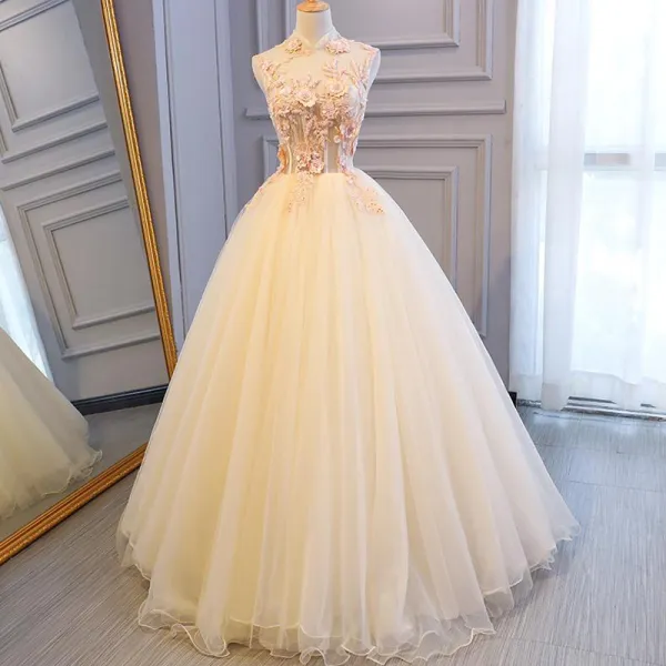 Illusion Champagne See-through Prom Dresses 2018 Ball Gown High Neck Sleeveless Appliques Flower Pearl Beading Floor-Length / Long Ruffle Backless Formal Dresses