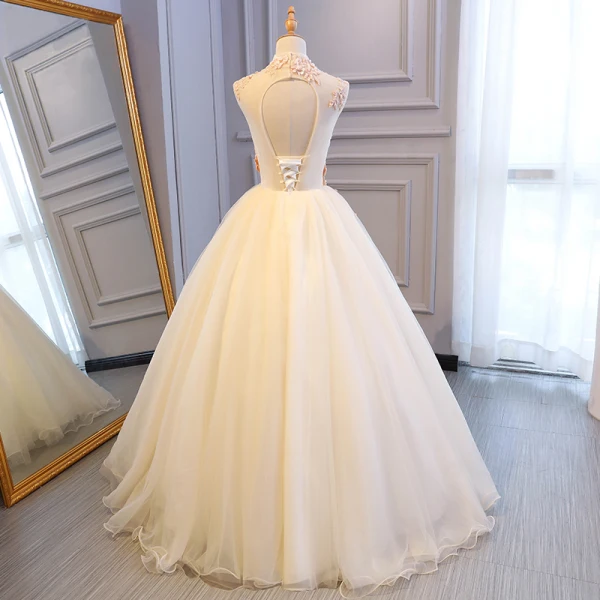 Illusion Champagne See-through Prom Dresses 2018 Ball Gown High Neck Sleeveless Appliques Flower Pearl Beading Floor-Length / Long Ruffle Backless Formal Dresses