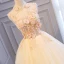 Illusion Champagne See-through Prom Dresses 2018 Ball Gown High Neck Sleeveless Appliques Flower Pearl Beading Floor-Length / Long Ruffle Backless Formal Dresses