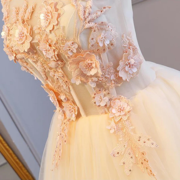 Illusion Champagne See-through Prom Dresses 2018 Ball Gown High Neck Sleeveless Appliques Flower Pearl Beading Floor-Length / Long Ruffle Backless Formal Dresses