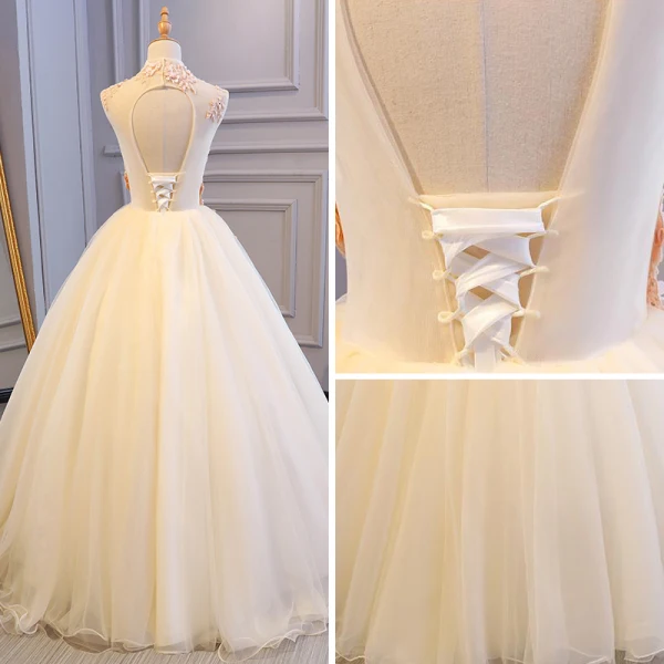 Illusion Champagne See-through Prom Dresses 2018 Ball Gown High Neck Sleeveless Appliques Flower Pearl Beading Floor-Length / Long Ruffle Backless Formal Dresses
