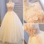 Illusion Champagne See-through Prom Dresses 2018 Ball Gown High Neck Sleeveless Appliques Flower Pearl Beading Floor-Length / Long Ruffle Backless Formal Dresses