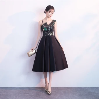 Modern Fashion Black Homecoming Graduation Dresses 2018 A Line Princess Amazing Unique V Neck Sleeveless Embroidered Tea Length Ruffle Backless Formal Dresses