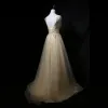 Charming Gold Prom Dresses 2018 A-Line / Princess V-Neck Sleeveless Appliques Lace Rhinestone Sweep Train Ruffle Backless Formal Dresses
