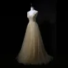 Charming Gold Prom Dresses 2018 A-Line / Princess V-Neck Sleeveless Appliques Lace Rhinestone Sweep Train Ruffle Backless Formal Dresses