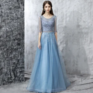 Moderne Mode Bleu Ciel Robe De Bal 2017 Princesse Longue Encolure Dégagée 1 2 Manches Dos Nu Appliques Fleur Perle Faux Diamant Perlage Paillettes Métal Ceinture Percé Robe De Ceremonie