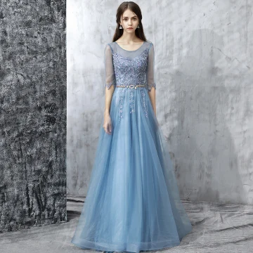 Moderne Mode Bleu Ciel Robe De Bal 2017 Princesse Longue Encolure Dégagée 1 2 Manches Dos Nu Appliques Fleur Perle Faux Diamant Perlage Paillettes Métal Ceinture Percé Robe De Ceremonie