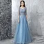 Modern / Fashion Sky Blue Prom Dresses 2017 A-Line / Princess Floor-Length / Long Scoop Neck 1/2 Sleeves Backless Appliques Flower Pearl Rhinestone Beading Sequins Metal Sash Pierced Formal Dresses